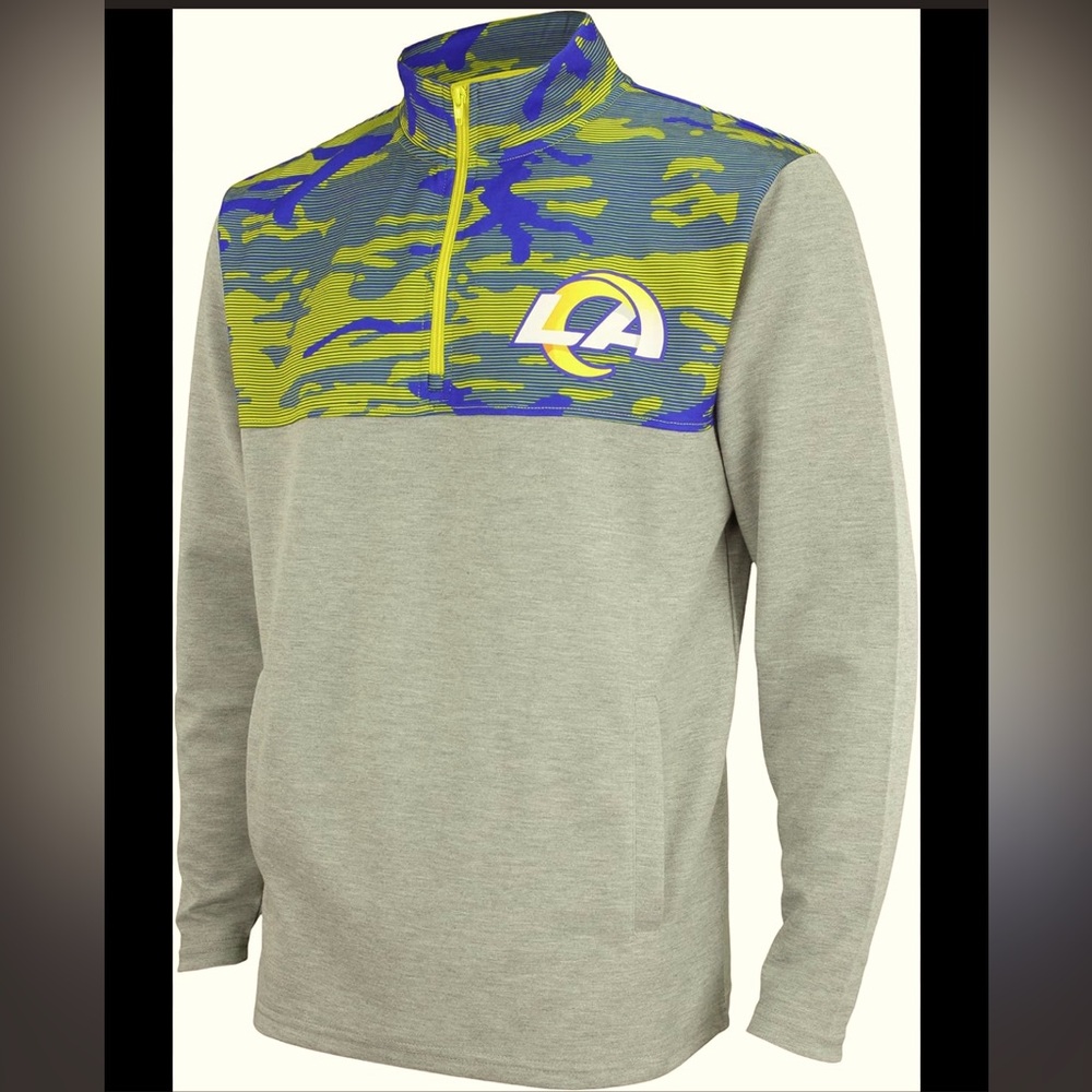NFL XL LA RAMS football gray 1/4 zip pull over with yellow blue camo stripes